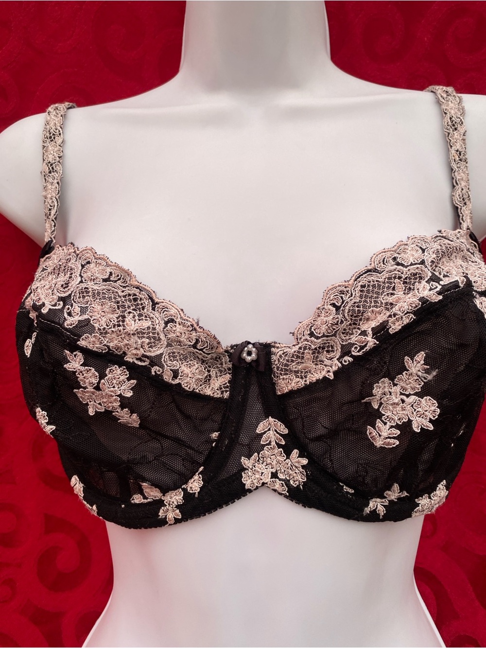 FELINA Victoria Mesh Embroidered Bra 34D Black White 7975 Unlined